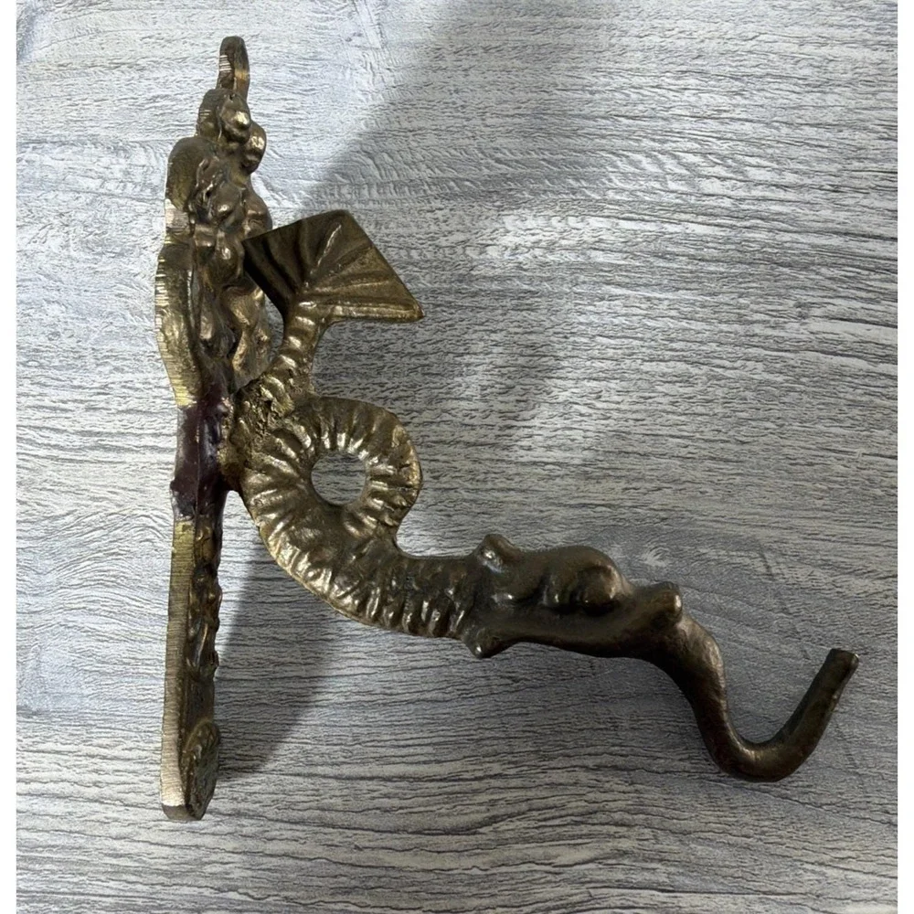 Antique Bronze Brass Hang Wall Hook Ornate Curled Serpent Tail Architectural 5